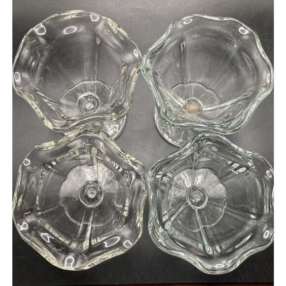 Stemmed Heavy Clear Pressed Glass Tulip Scalloped Rim Ice Cream Dishes Set of 4 - Picture 4 of 9